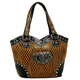 Animal Zebra Print Tote Bags w/ 3-Heart Charm - Brown - BG-127HZ-BR